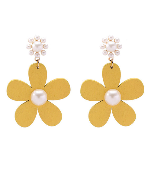 Classy Yellow Daisy Floral Pearl Drop Earrings LY1806