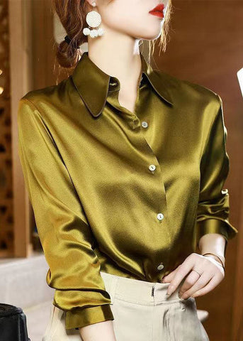 Classy Yellow Peter Pan Collar Button Patchwork Silk Shirt Spring LY1412
