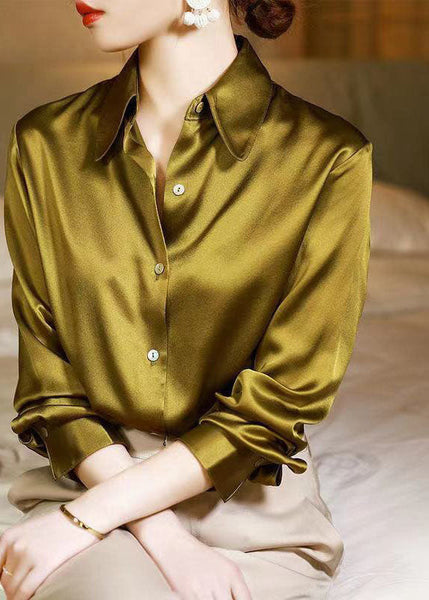 Classy Yellow Peter Pan Collar Button Patchwork Silk Shirt Spring LY1412