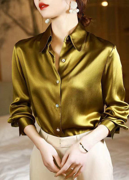 Classy Yellow Peter Pan Collar Button Patchwork Silk Shirt Spring LY1412