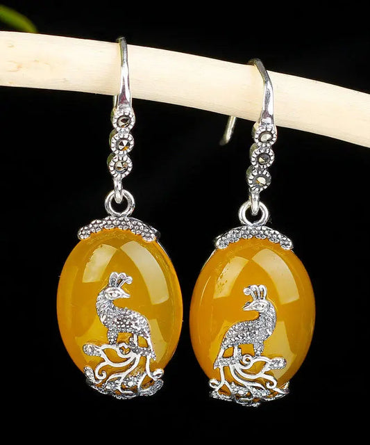 Classy Yellow Sterling Silver Inlaid Chalcedony Peacock Drop Earrings Ada Fashion