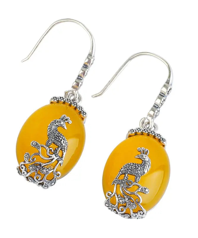 Classy Yellow Sterling Silver Inlaid Chalcedony Peacock Drop Earrings Ada Fashion