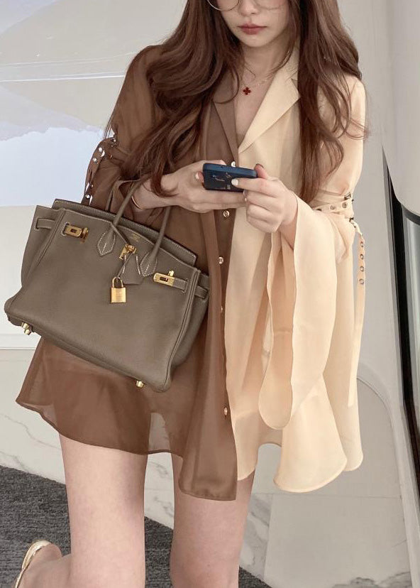 Coffee Button Thin Chiffon Shirt Long Sleeve LY0793