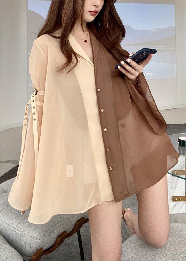 Coffee Button Thin Chiffon Shirt Long Sleeve LY0793