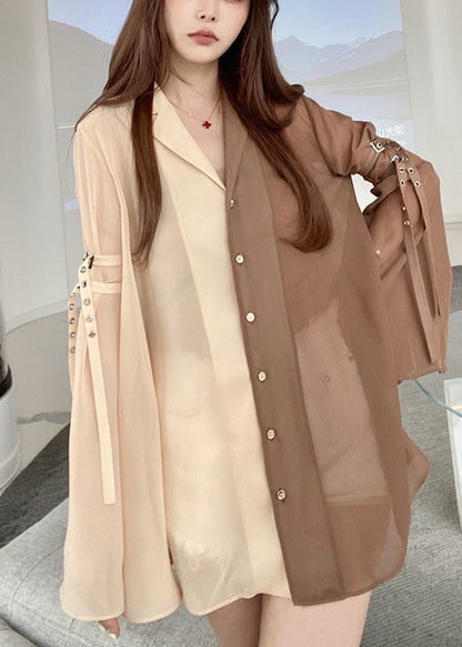 Coffee Button Thin Chiffon Shirt Long Sleeve LY0793