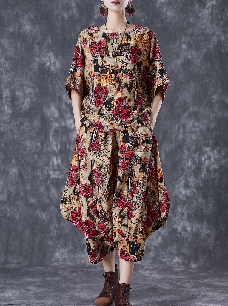 Coffee Floral Cotton Two Piece Suit Set Asymmetrical Oversized Summer TD1061