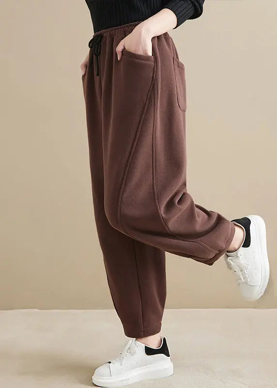 Coffee High Waist Thick Warm Fleece Pants Sports Pants Winter Ada Fashion