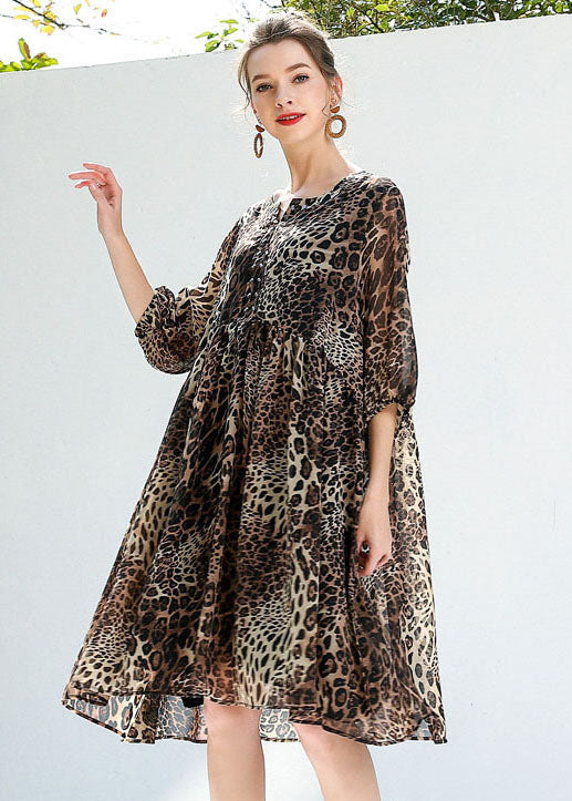 Coffee Leopard Print Chiffon Beach Dresses O-Neck Rivet Summer LY0260