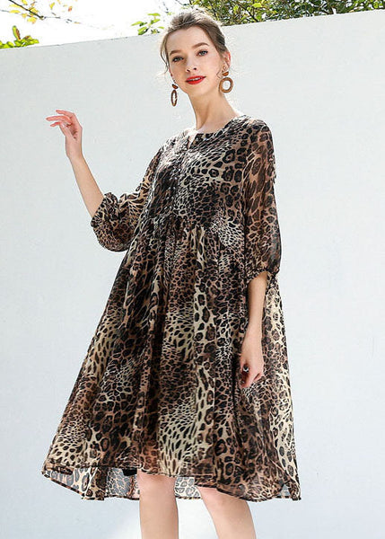 Coffee Leopard Print Chiffon Beach Dresses O-Neck Rivet Summer LY0260