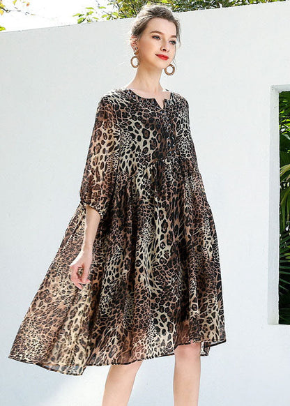 Coffee Leopard Print Chiffon Beach Dresses O-Neck Rivet Summer LY0260