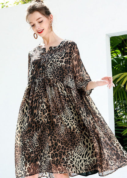 Coffee Leopard Print Chiffon Beach Dresses O-Neck Rivet Summer LY0260