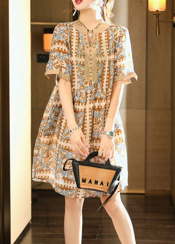 Coffee Nail Bead Party Chiffon Long Dress Short Sleeve LY1532