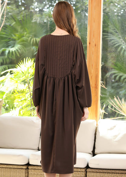 Coffee Patchwork Chiffon Robe Dresses O-Neck Wrinkled Batwing Sleeve LY0296