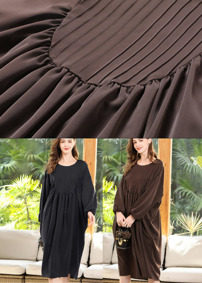 Coffee Patchwork Chiffon Robe Dresses O-Neck Wrinkled Batwing Sleeve LY0296