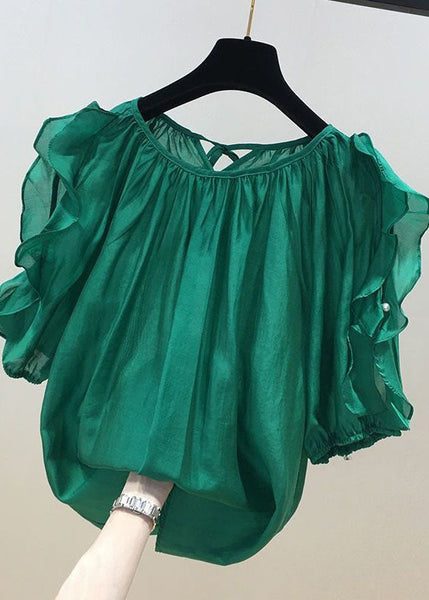 Chemisier patchwork en mousseline couleur café, col rond à volants, été LY0589