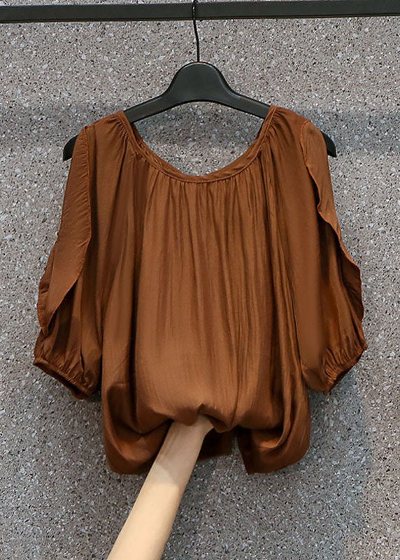 Coffee Patchwork Chiffon Top Ruffled O Neck Summer LY0381