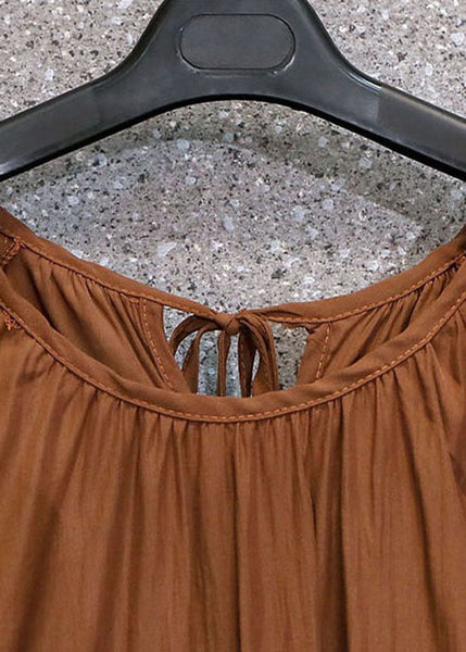 Top en mousseline patchwork couleur café, col rond à volants, été LY0381