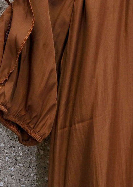 Top en mousseline patchwork couleur café, col rond à volants, été LY0381