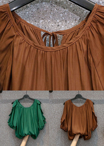 Coffee Patchwork Chiffon Top Ruffled O Neck Summer LY0381