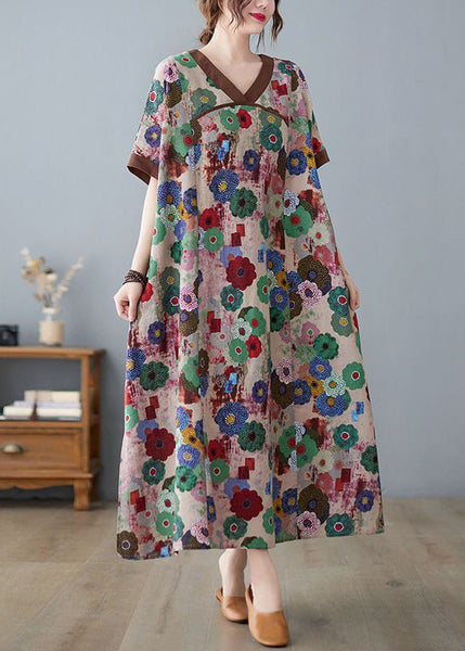 Coffee Patchwork Cotton Robe Dresses Oversized Print Summer LY0912