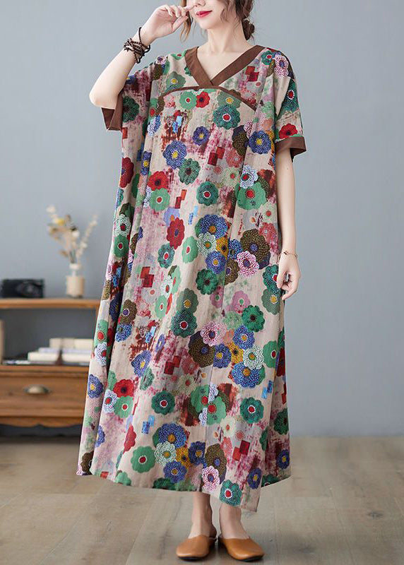 Coffee Patchwork Cotton Robe Dresses Oversized Print Summer LY0912