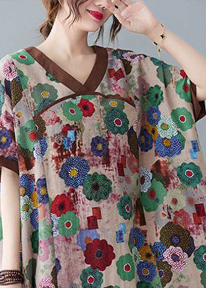 Coffee Patchwork Cotton Robe Dresses Oversized Print Summer LY0912