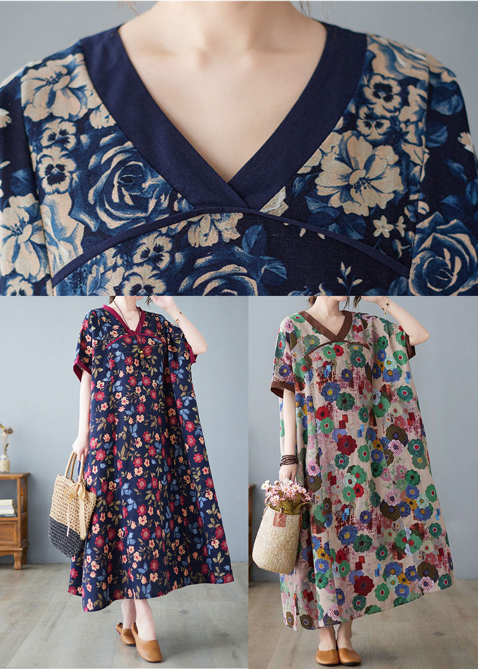 Coffee Patchwork Cotton Robe Dresses Oversized Print Summer LY0912