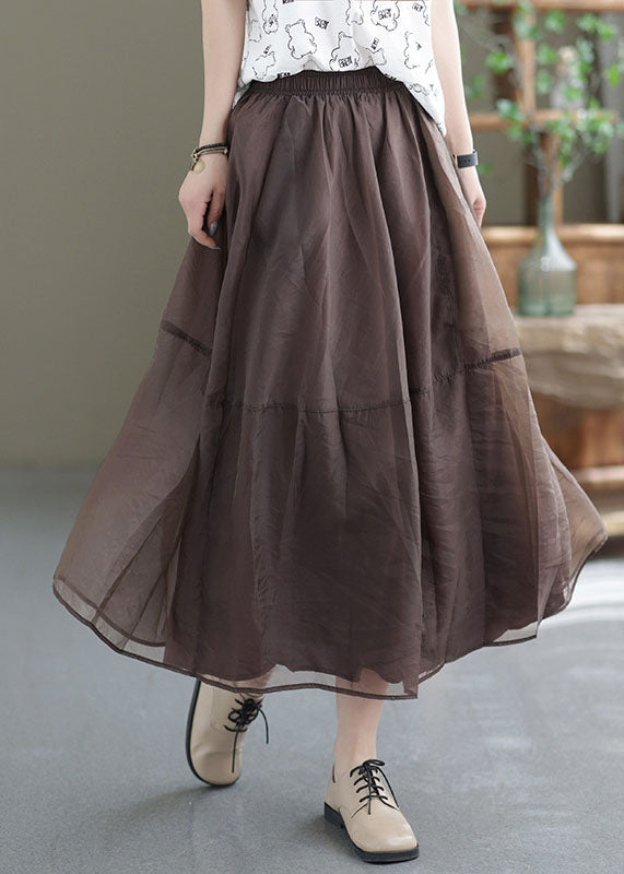 Chocolate Patchwork Organza A Line Skirts Elastic Waist Spring TG1035