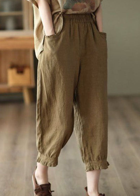 Coffee Pockets Patchwork Linen Crop Pants Cinched Summer LY0159