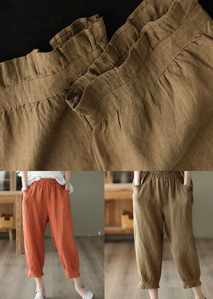 Coffee Pockets Patchwork Linen Crop Pants Cinched Summer LY0159