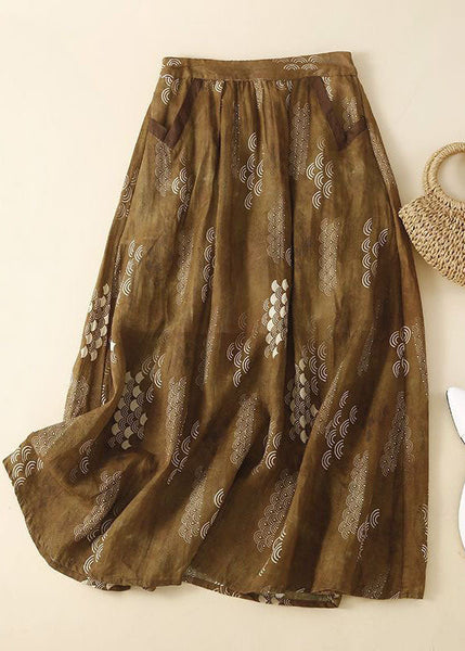 Jupe en lin patchwork imprimé poches café, froissée, été LY0592