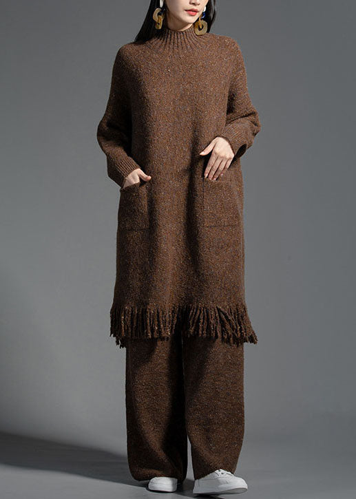 Coffee Pockets Wool Knitwear Dress Stand Collar Winter LY0014