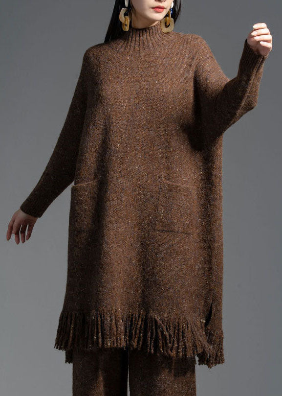 Coffee Pockets Wool Knitwear Dress Stand Collar Winter LY0014