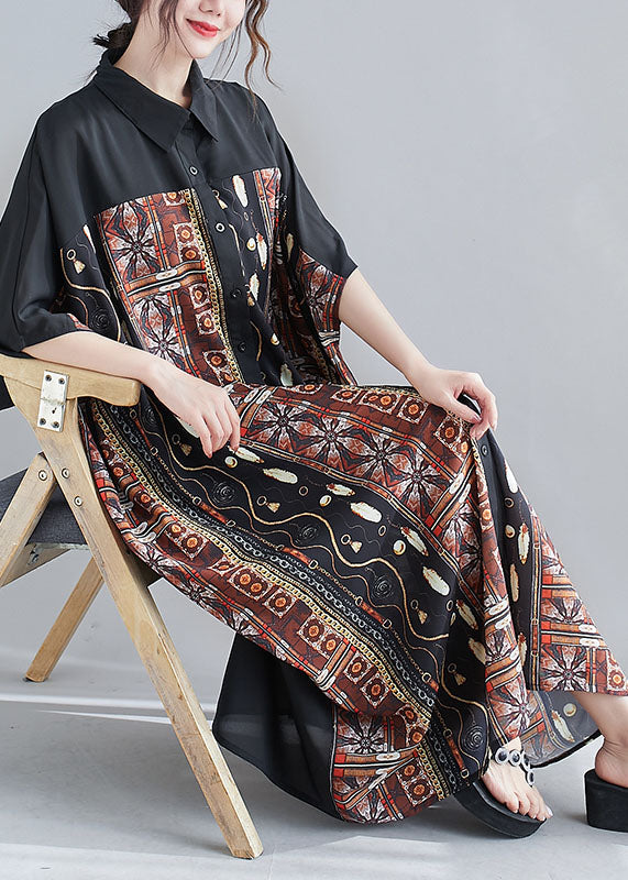 Coffee Print Chiffon Long Dress Peter Pan Collar Summer AC2050