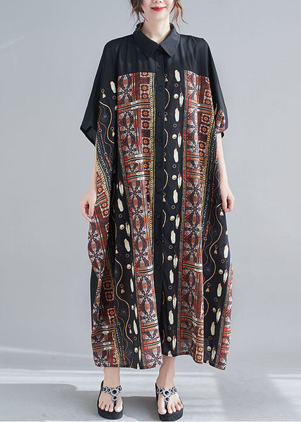 Coffee Print Chiffon Long Dress Peter Pan Collar Summer AC2050