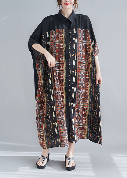 Coffee Print Chiffon Long Dress Peter Pan Collar Summer AC2050