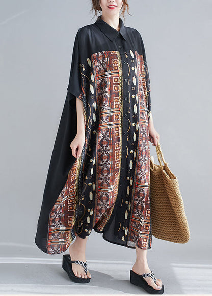 Coffee Print Chiffon Long Dress Peter Pan Collar Summer AC2050