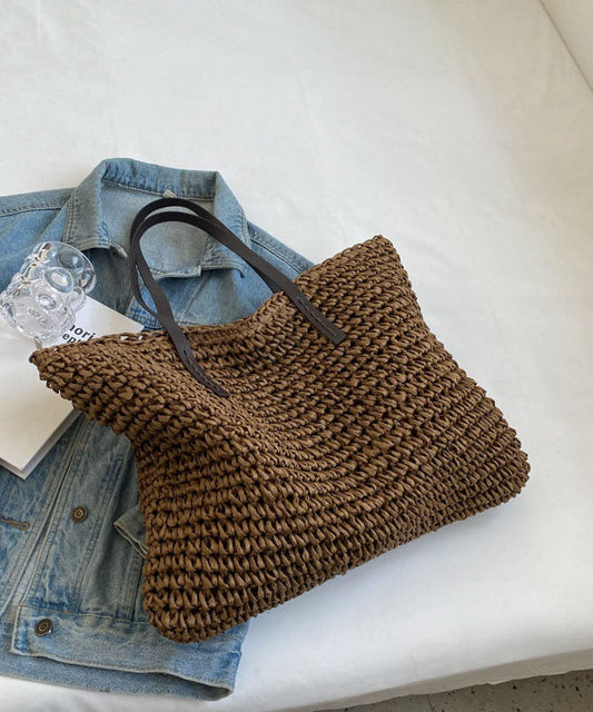 Coffee Straw Woven Satchel Bag Handbagdbag Patchwork Zip Up F4181