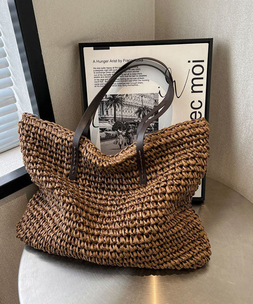 Coffee Straw Woven Satchel Bag Handbagdbag Patchwork Zip Up F4181