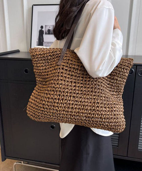 Coffee Straw Woven Satchel Bag Handbagdbag Patchwork Zip Up F4181