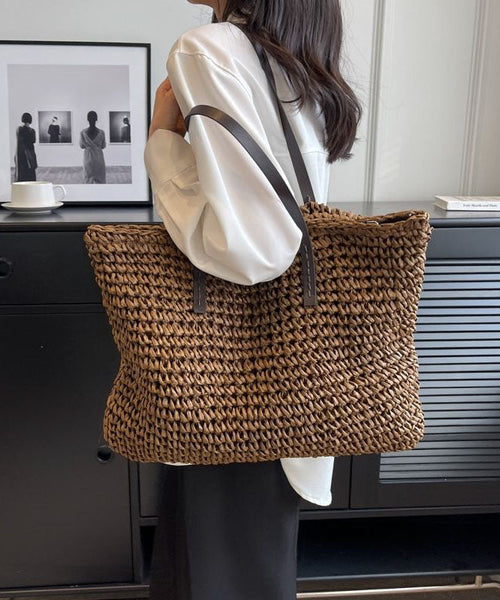 Coffee Straw Woven Satchel Bag Handbagdbag Patchwork Zip Up F4181