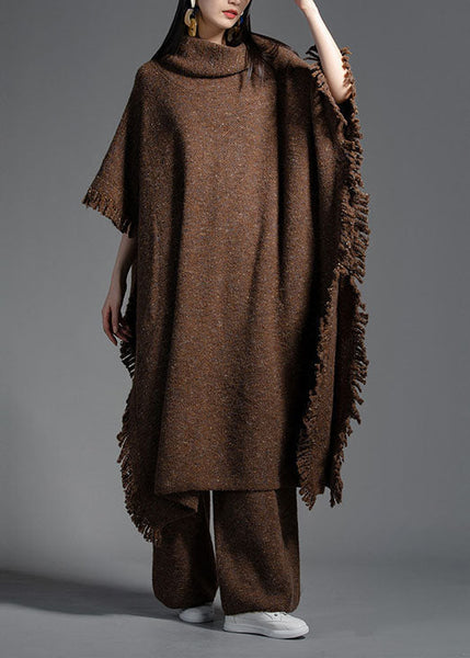 Robe en maille de laine couleur café, col roulé, manches mi-longues à franges LY0016