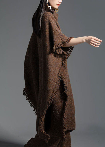 Robe en maille de laine couleur café, col roulé, manches mi-longues à franges LY0016