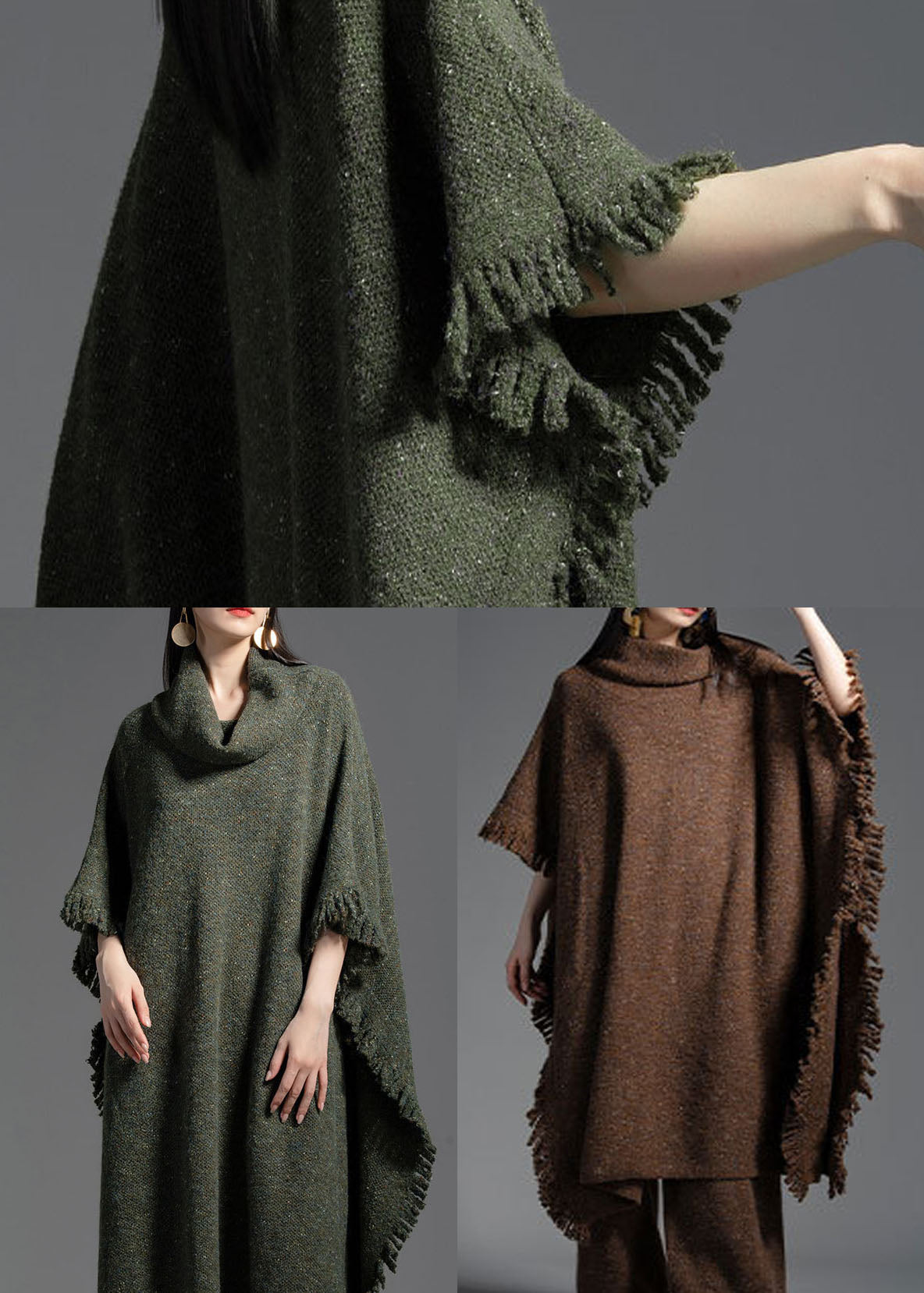 Coffee Wool Knit Dress Turtle Neck Tasseled Half Sleeve LY0016