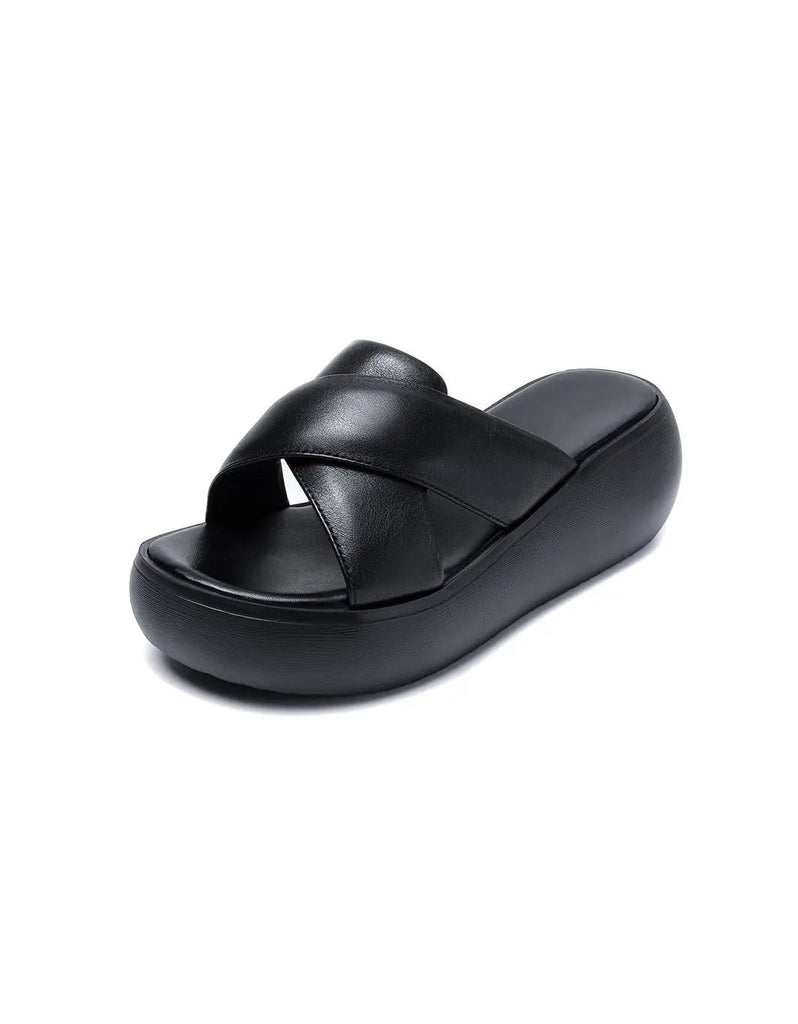 Comfortable Leather Cross Strap Wedge Slippers Ada Fashion