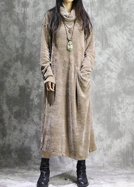 Corduroy Long Sleeve Turtleneck Causal Baggy Maxi Dress Khaki LC0018