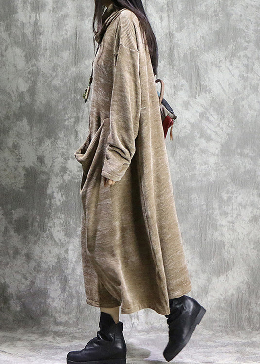 Corduroy Long Sleeve Turtleneck Causal Baggy Maxi Dress Khaki LC0018