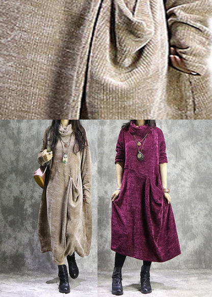 Corduroy Long Sleeve Turtleneck Causal Baggy Maxi Dress Khaki LC0018