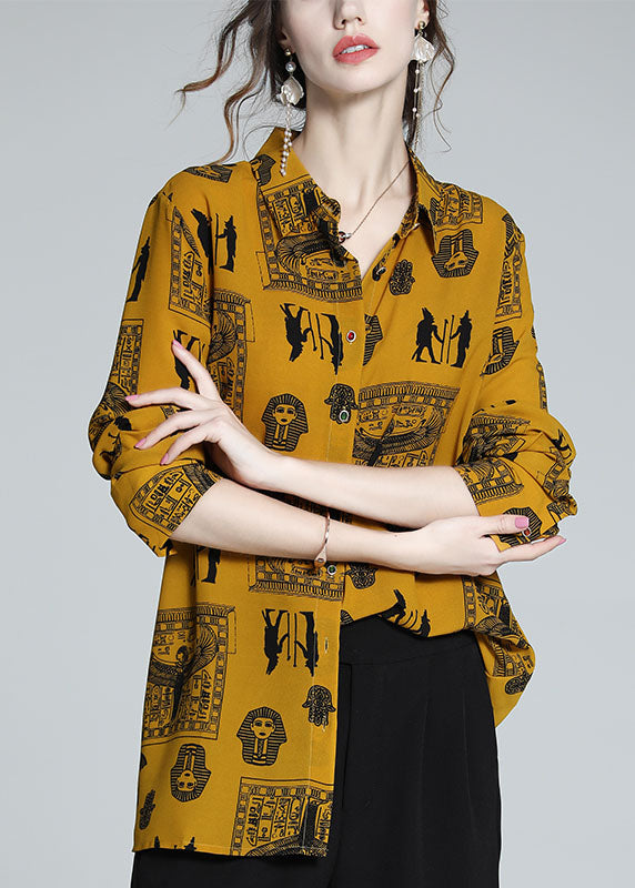 Cozy Yellow Peter Pan Collar Print Silk Shirt Top Spring LY0113