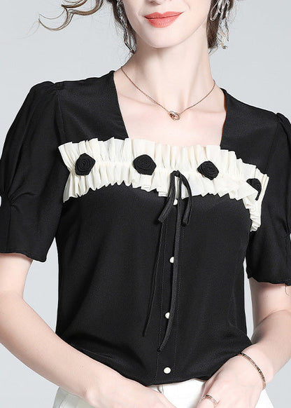 Cute Black Square Collar Patchwork Silk Top Summer LY0107